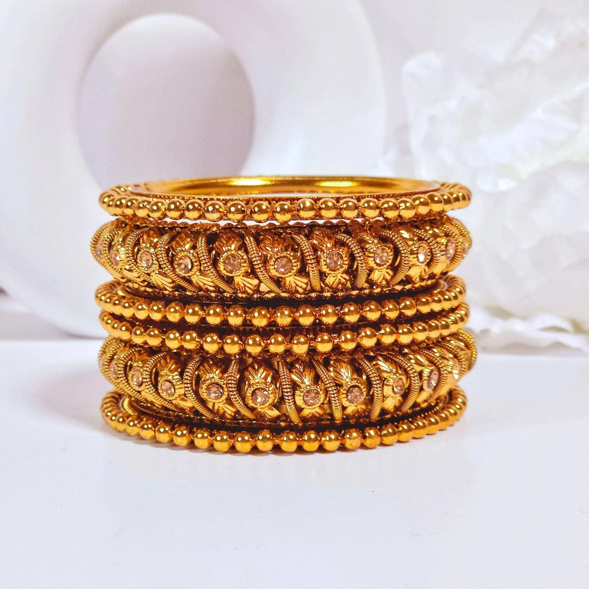 Set of 6 Antique Gold & Silver Polki Indian Bangles