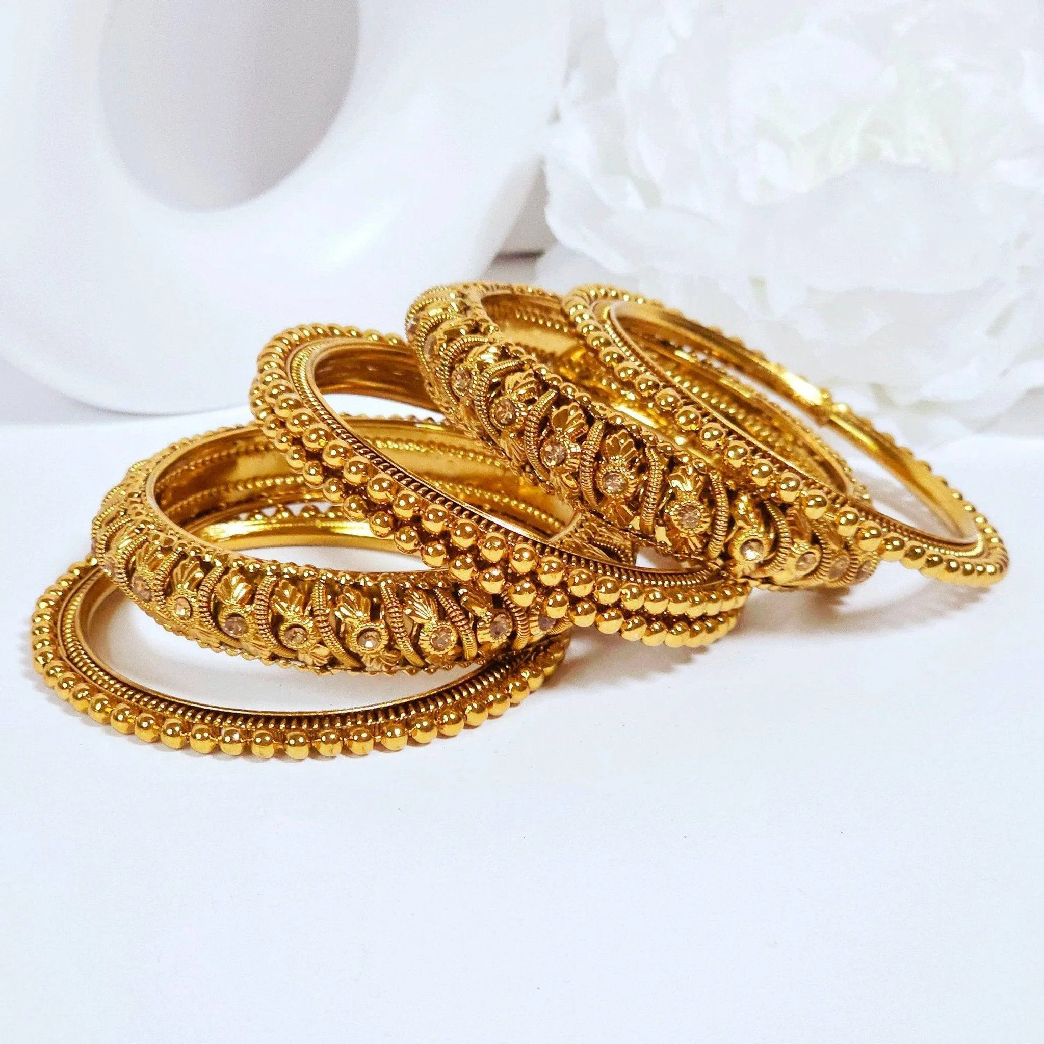 Set of 6 Antique Gold & Silver Polki Indian Bangles