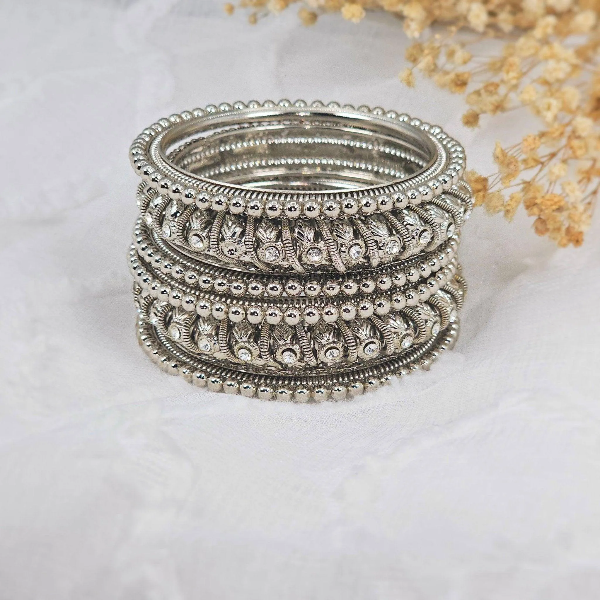 Set of 6 Antique Gold & Silver Polki Indian Bangles