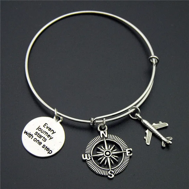 Silver Wanderlust Traveling The World Airplane Compass Passport Charm Wire Wrapped Bangle Bracelet Traveler Jewellery