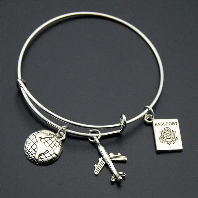 Silver Wanderlust Traveling The World Airplane Compass Passport Charm Wire Wrapped Bangle Bracelet Traveler Jewellery