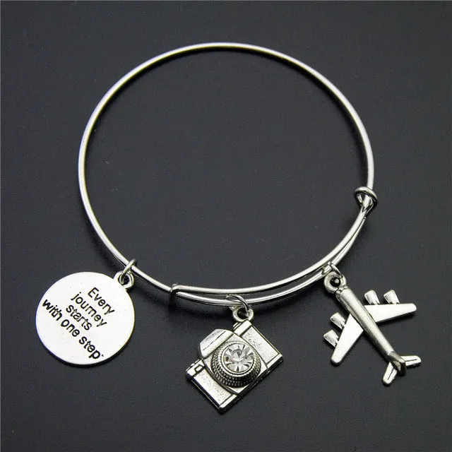 Silver Wanderlust Traveling The World Airplane Compass Passport Charm Wire Wrapped Bangle Bracelet Traveler Jewellery