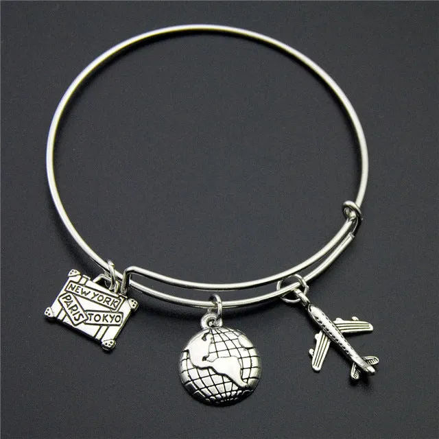 Silver Wanderlust Traveling The World Airplane Compass Passport Charm Wire Wrapped Bangle Bracelet Traveler Jewellery