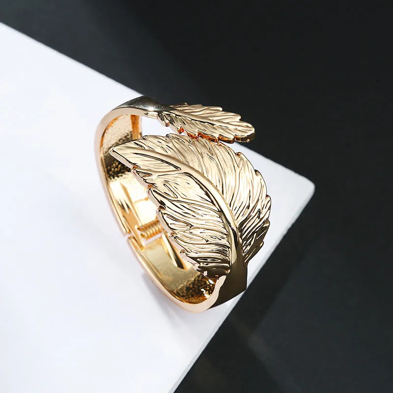 Sisslia Fashion Leaf Hinged Bangle Bracelet for Women Girls Costume Statement Hip Hop Vintage Wide Cuff Bracelet