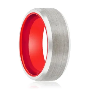 SPARK | Red Ring, Silver Tungsten Ring, Brushed, Beveled