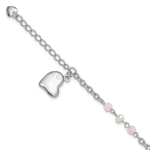 SS Rh-plated Crystal FWC Pearl Enamel Dangle Heart w/1 in. ext Bracelet