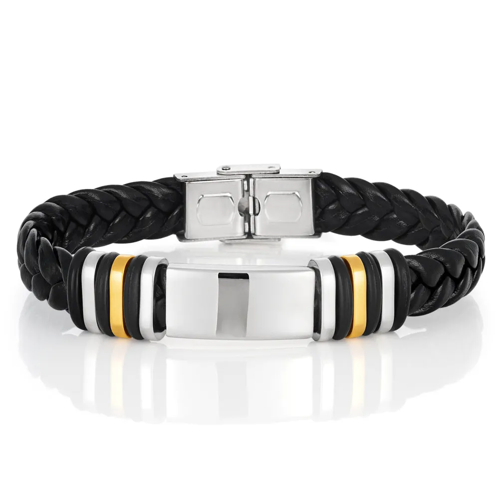 Stainless Steel Black Leather Gold Plated Gents Bracelet