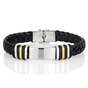 Stainless Steel Black Leather Gold Plated Gents Bracelet