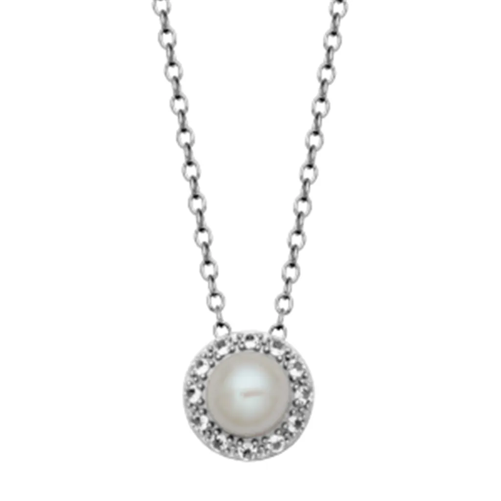 Sterling Silver Pearl & White Topaz Halo Necklace by Samuel B.