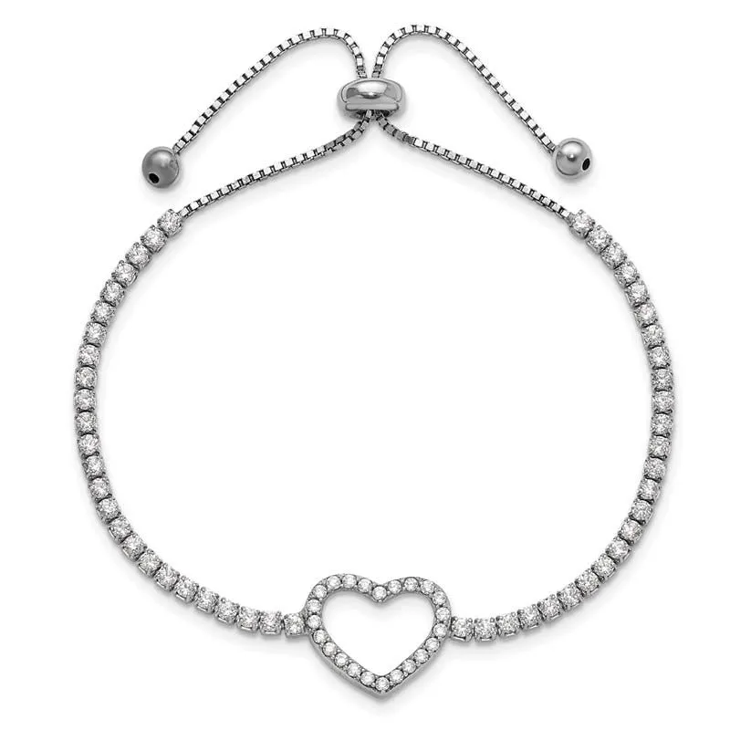 Sterling Silver Rhodium-plated CZ Heart Adjustable Bracelet