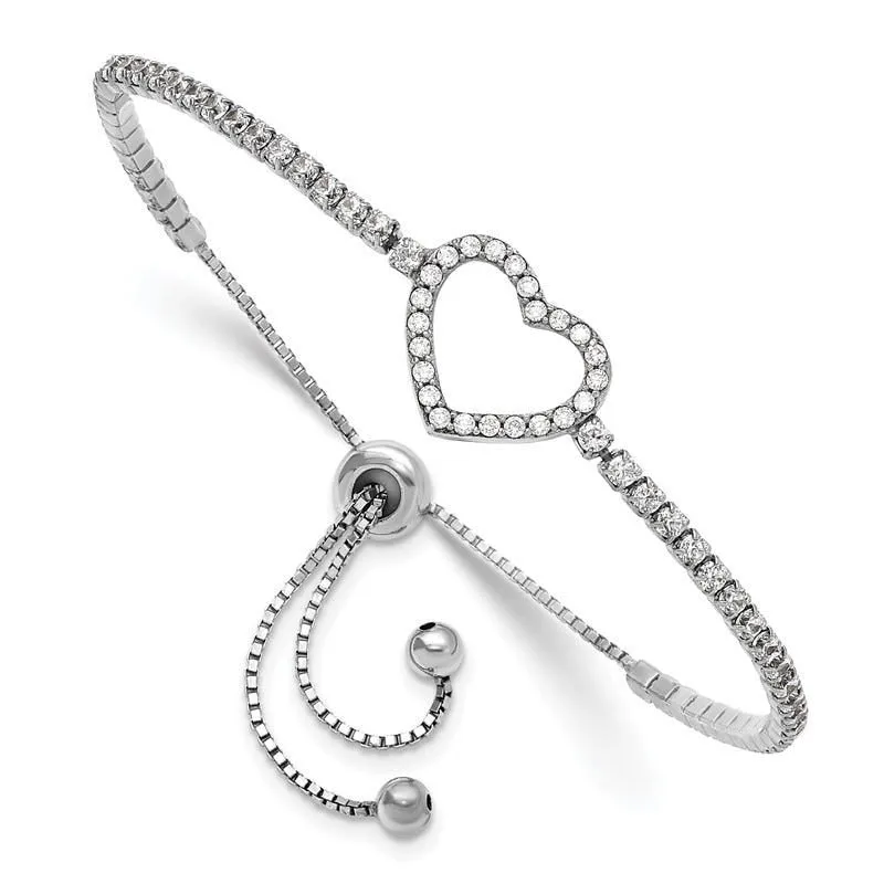 Sterling Silver Rhodium-plated CZ Heart Adjustable Bracelet