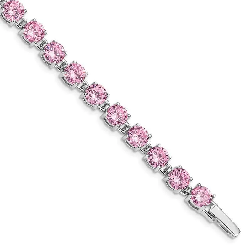 Sterling Silver Rhodium Plated Pink CZ 7 inch Tennis Bracelet