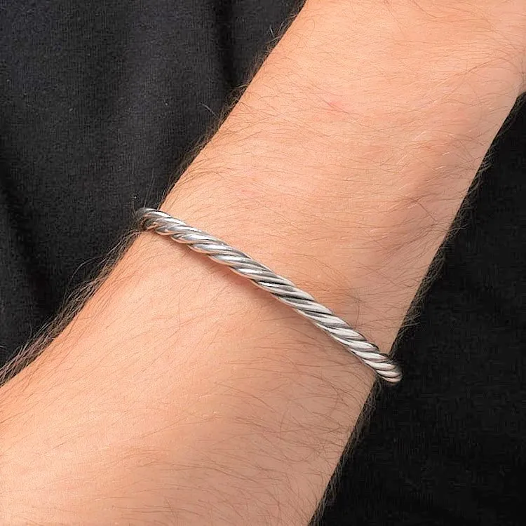 Sterling Silver Twist Torque Bangle For Men and Women