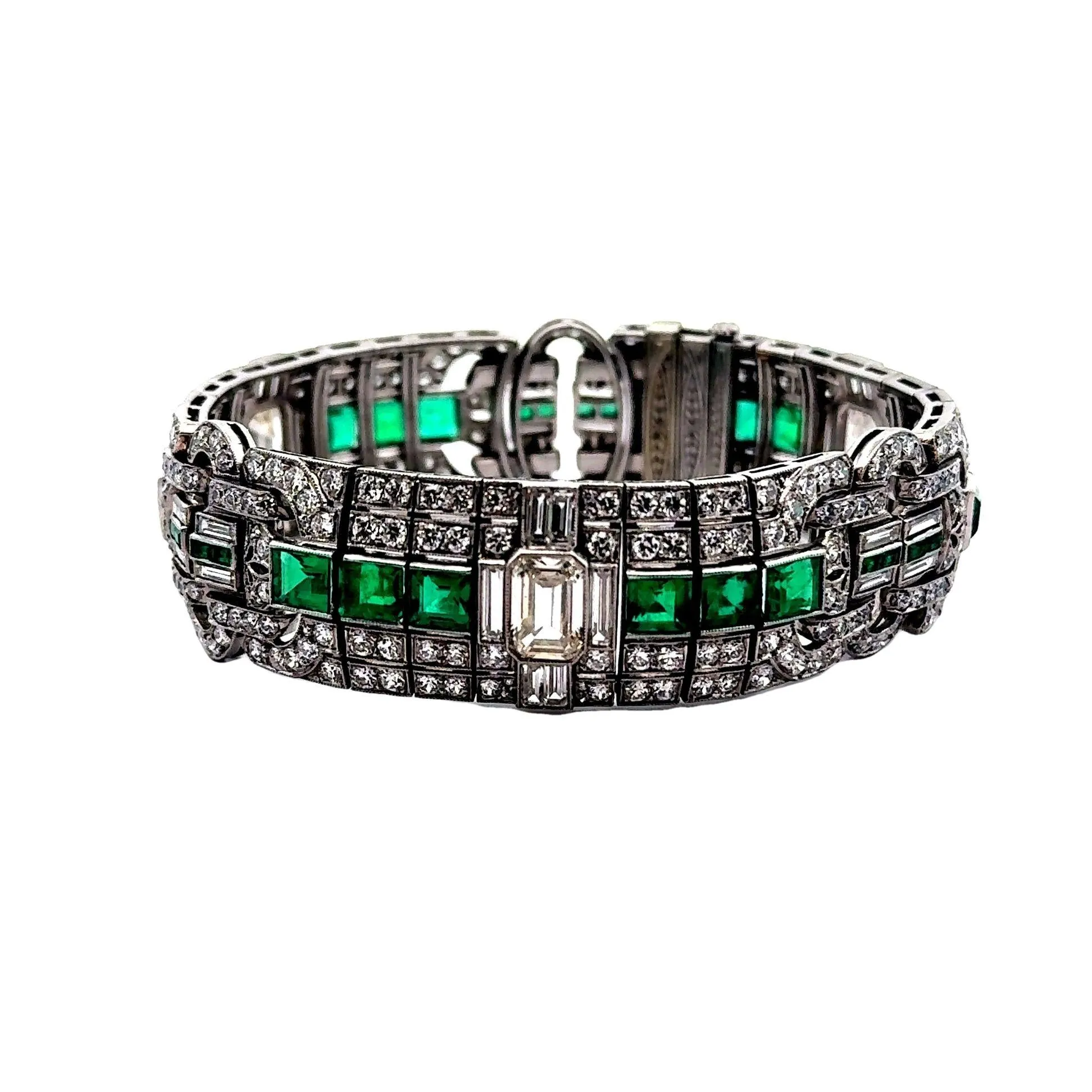 Superb Art Deco Diamond Emerald Platinum Bracelet, Circa 1929