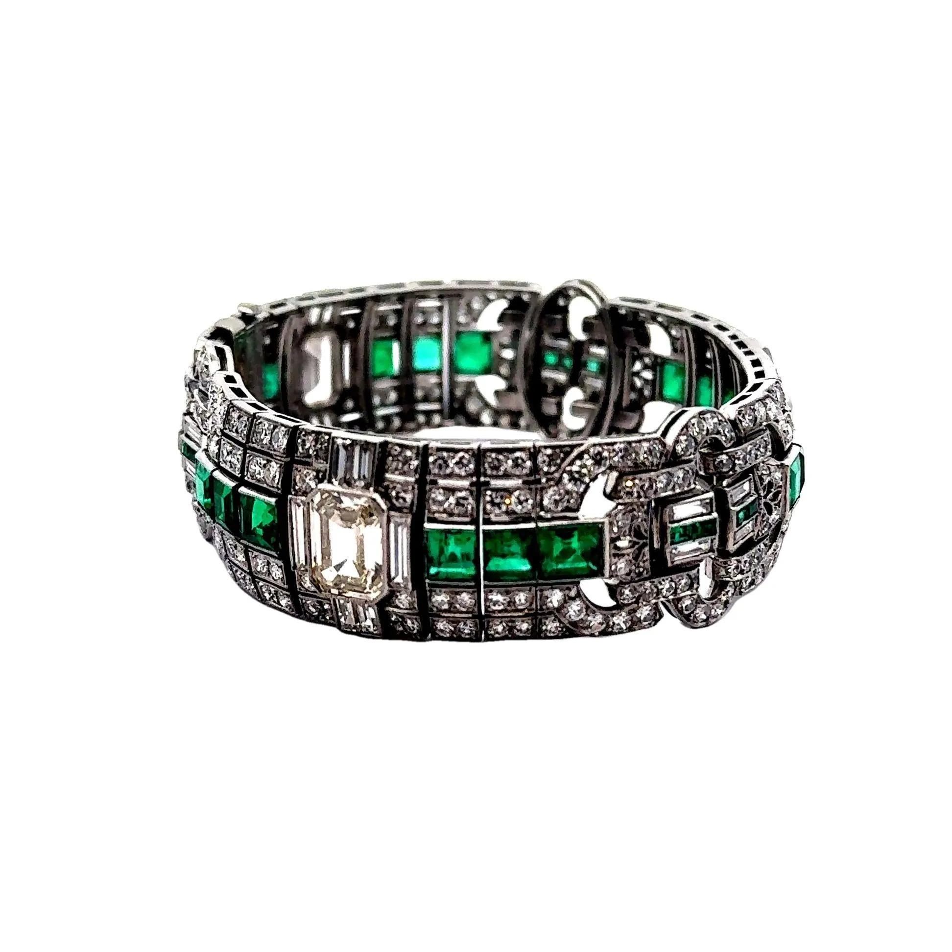 Superb Art Deco Diamond Emerald Platinum Bracelet, Circa 1929