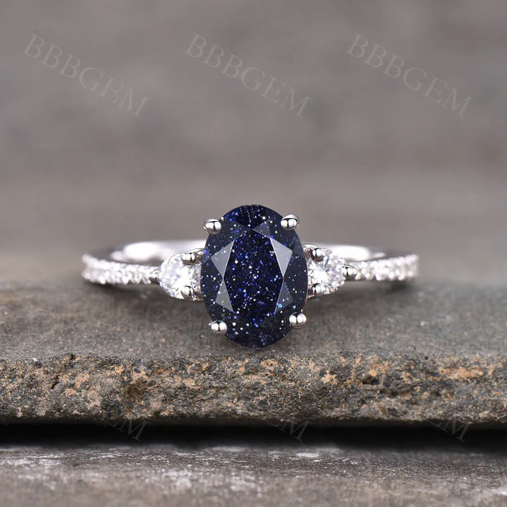 Three Stone 5x7mm Oval Cut Blue Sandstone Engagement Ring Half Eternity Diamond Wedding Band