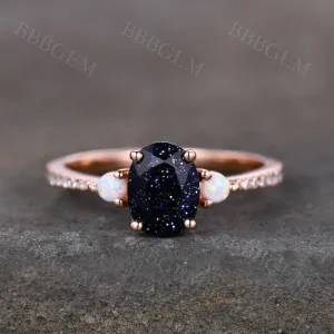 Three Stone 5x7mm Oval Cut Blue Sandstone Engagement Ring Half Eternity Diamond Wedding Band