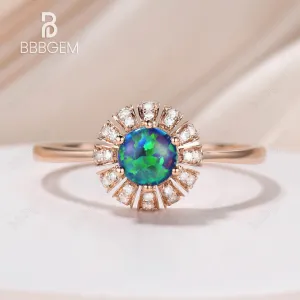 Unique Black Opal Diamond Engagement Ring Sun Flower 14K/18K Gold