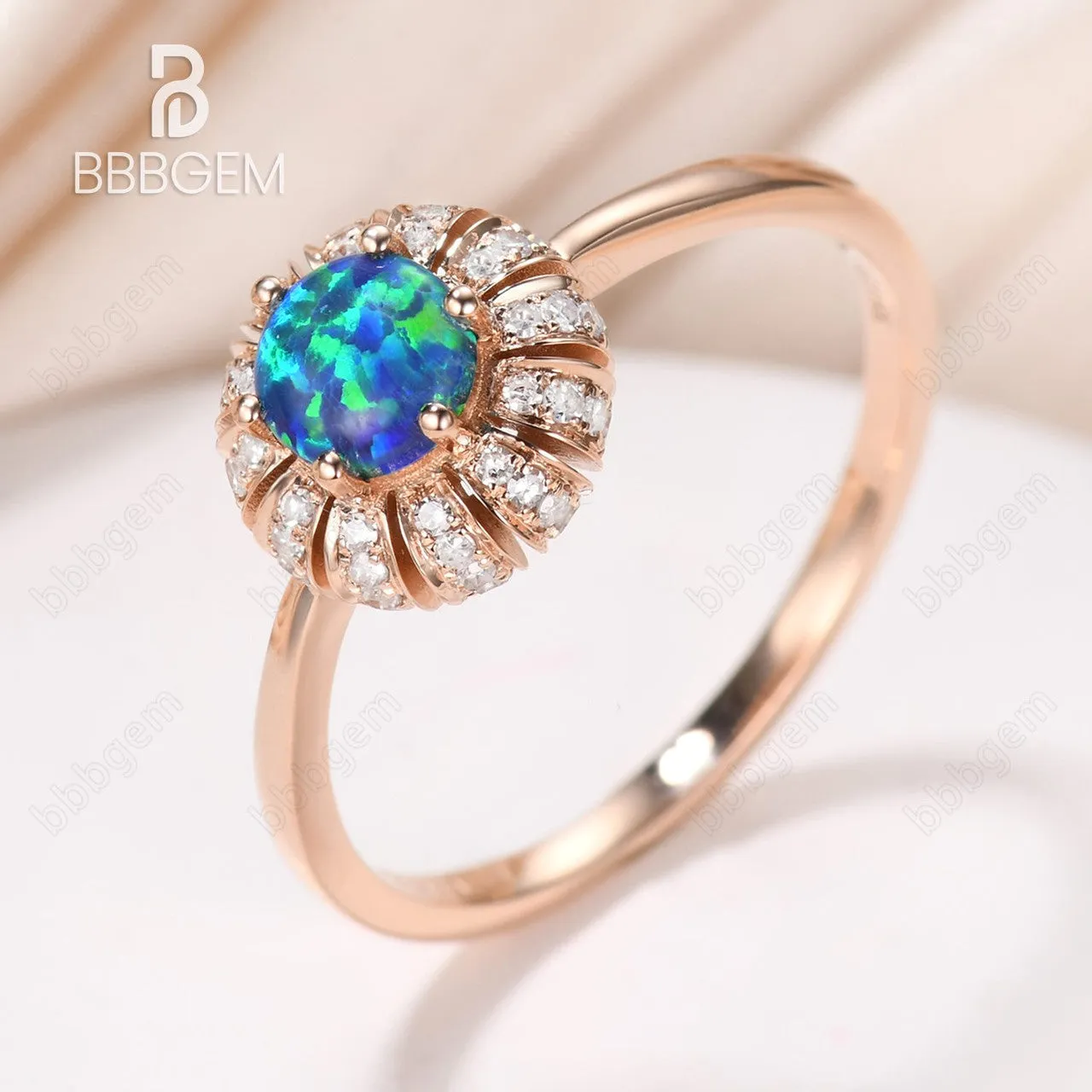 Unique Black Opal Diamond Engagement Ring Sun Flower 14K/18K Gold