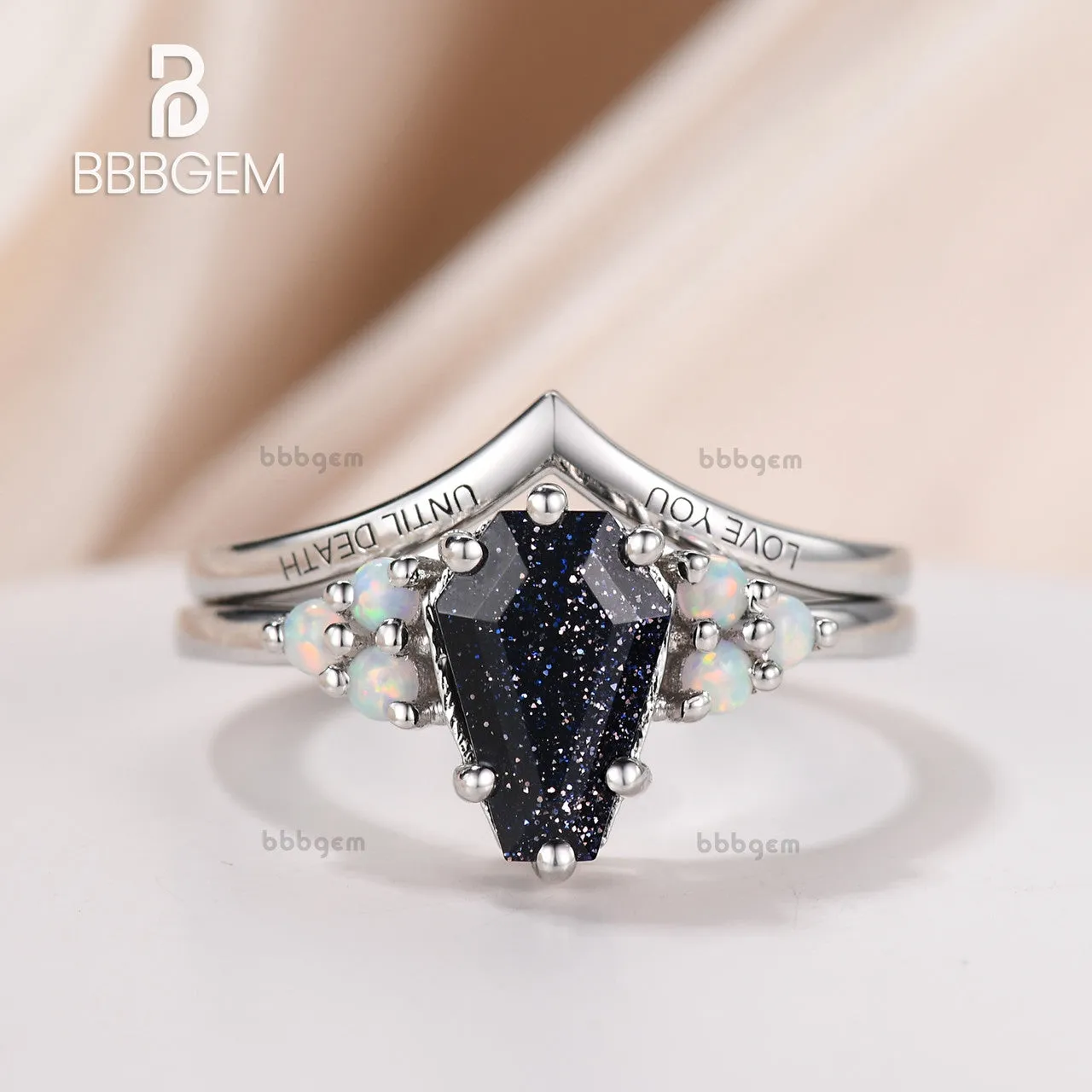 Unique Gothic Coffin Blue Goldstone Sandstone Ring Set Engraved Plain White Gold Nesting Band