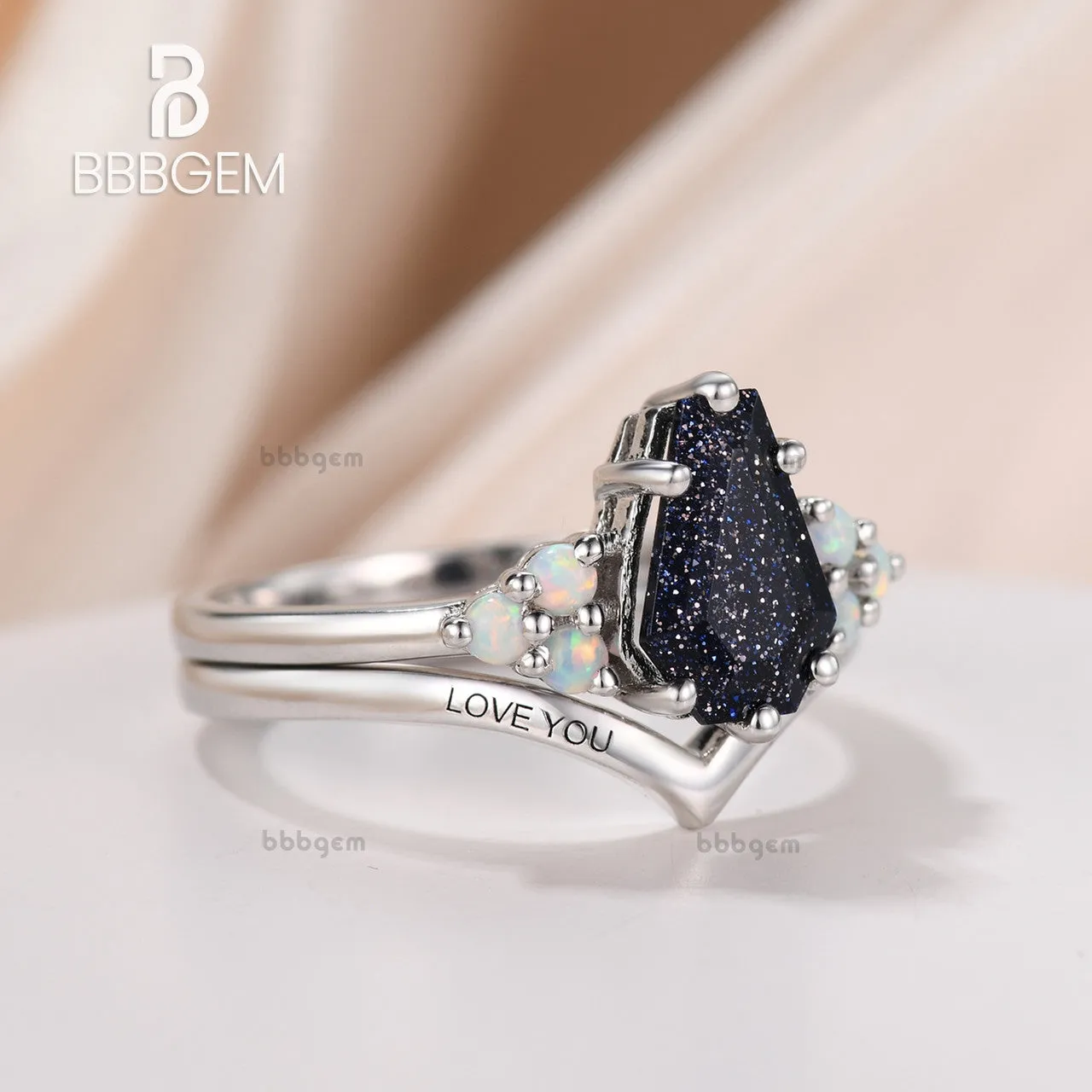 Unique Gothic Coffin Blue Goldstone Sandstone Ring Set Engraved Plain White Gold Nesting Band