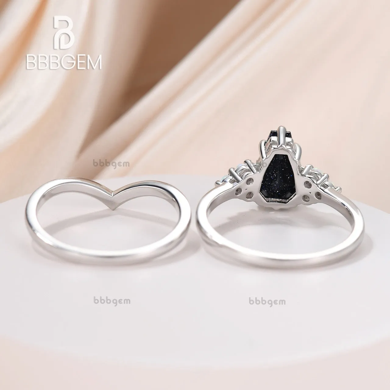 Unique Gothic Coffin Blue Goldstone Sandstone Ring Set Engraved Plain White Gold Nesting Band