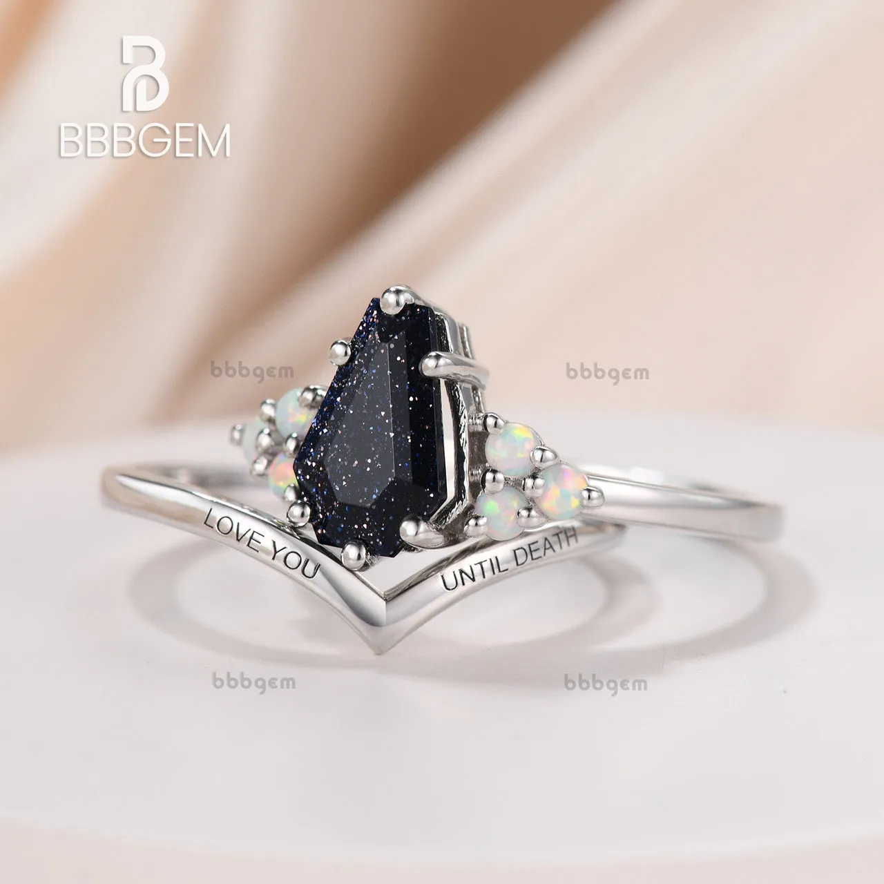 Unique Gothic Coffin Blue Goldstone Sandstone Ring Set Engraved Plain White Gold Nesting Band