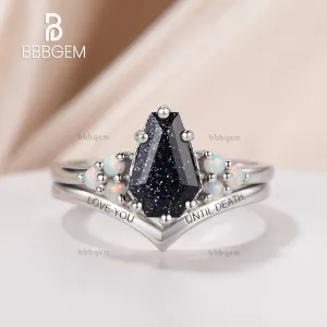 Unique Gothic Coffin Blue Goldstone Sandstone Ring Set Engraved Plain White Gold Nesting Band