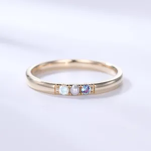 Unique July Birthstone Ring Pearl Alexandrite Moonstone Ring Yellow Gold Gifts for Her