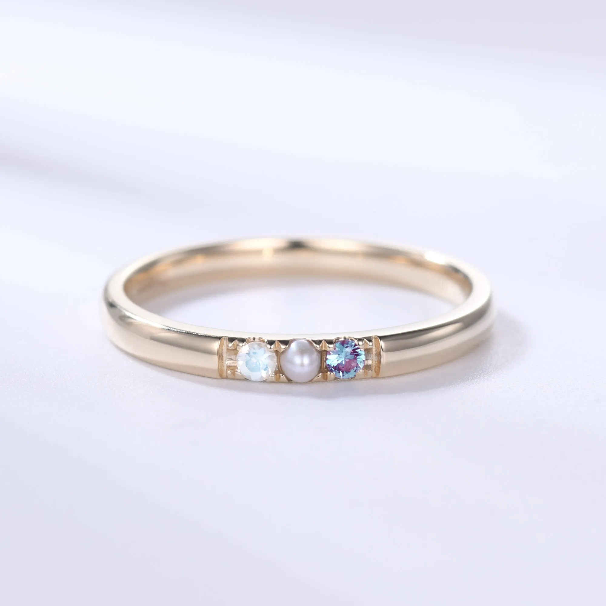 Unique July Birthstone Ring Pearl Alexandrite Moonstone Ring Yellow Gold Gifts for Her