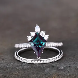 Unique kite cut alexandrite engagement ring unique moissanite ring solitaire ring half eternity stacking bridal set