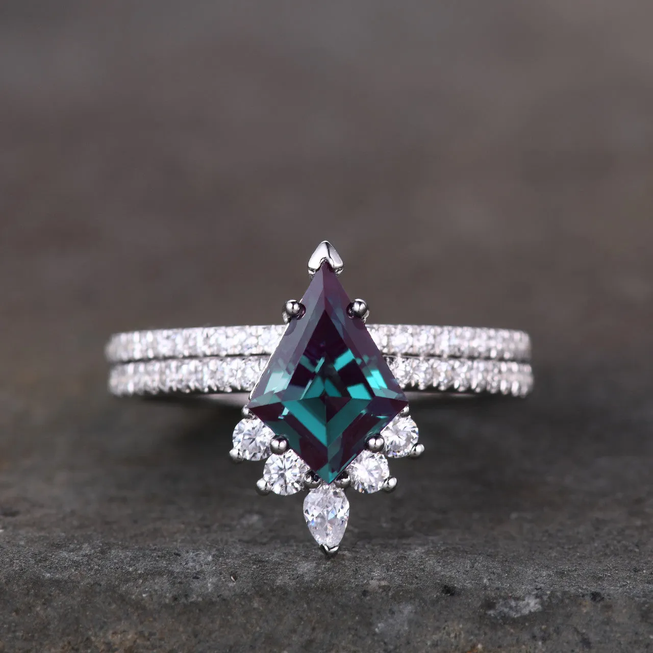 Unique kite cut alexandrite engagement ring unique moissanite ring solitaire ring half eternity stacking bridal set