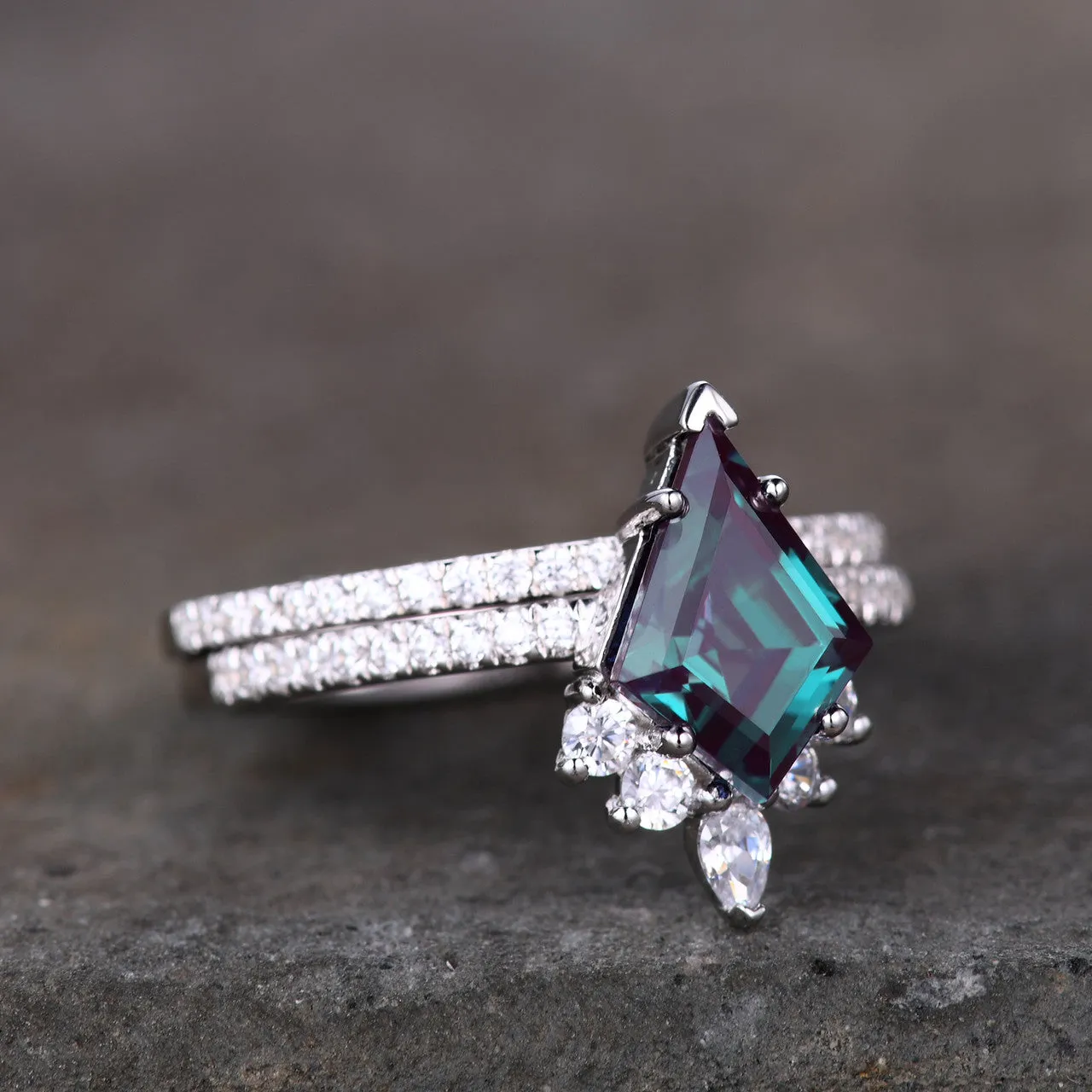 Unique kite cut alexandrite engagement ring unique moissanite ring solitaire ring half eternity stacking bridal set