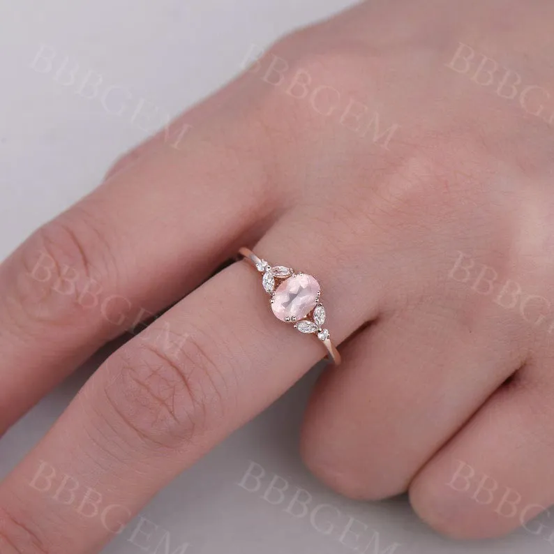 Unique Oval Cut Rose Gold 1CT Natural Rose Quartz Engagement Ring