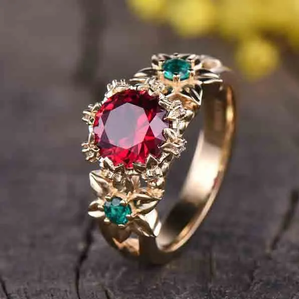 Unique Ruby And Emerald Engagement Ring Vintage Flower