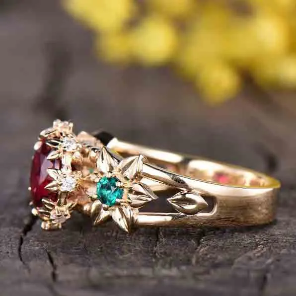 Unique Ruby And Emerald Engagement Ring Vintage Flower