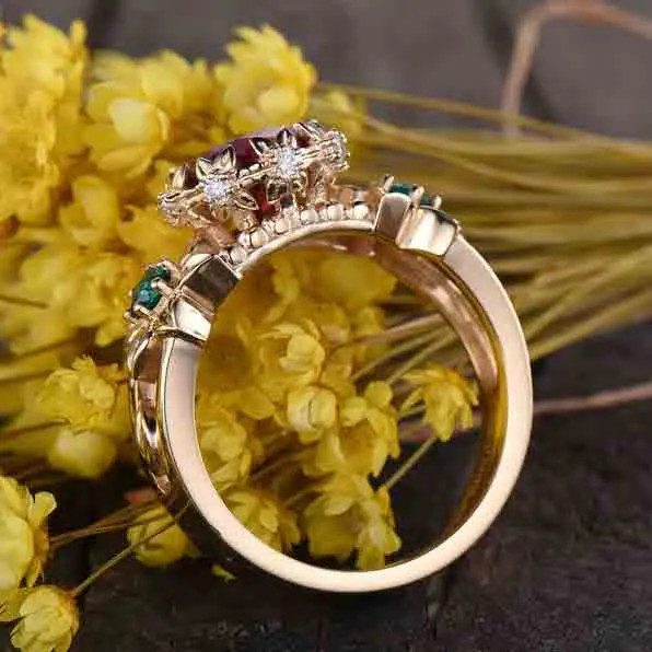 Unique Ruby And Emerald Engagement Ring Vintage Flower