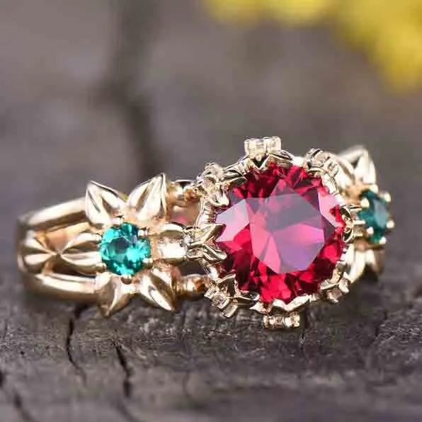 Unique Ruby And Emerald Engagement Ring Vintage Flower