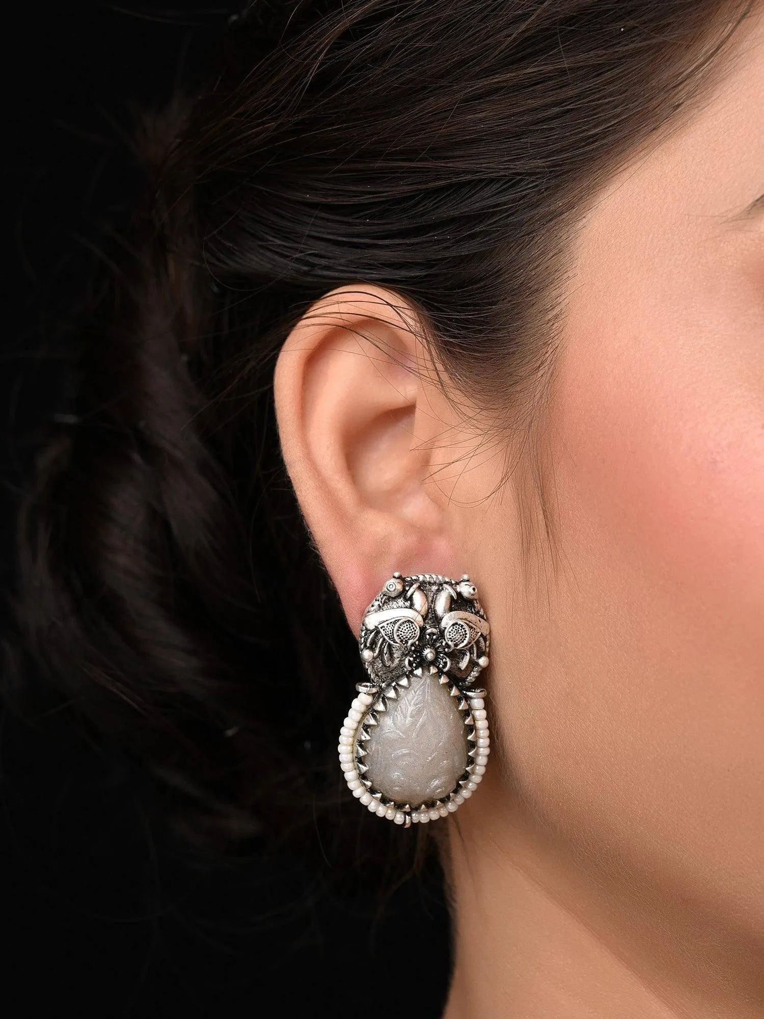 Vidaa Contemporary Smoke White Oxidised Earrings