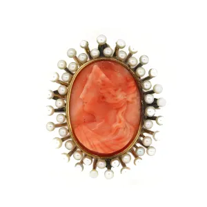 Vintage Coral and Seed Pearl Pendant Pin