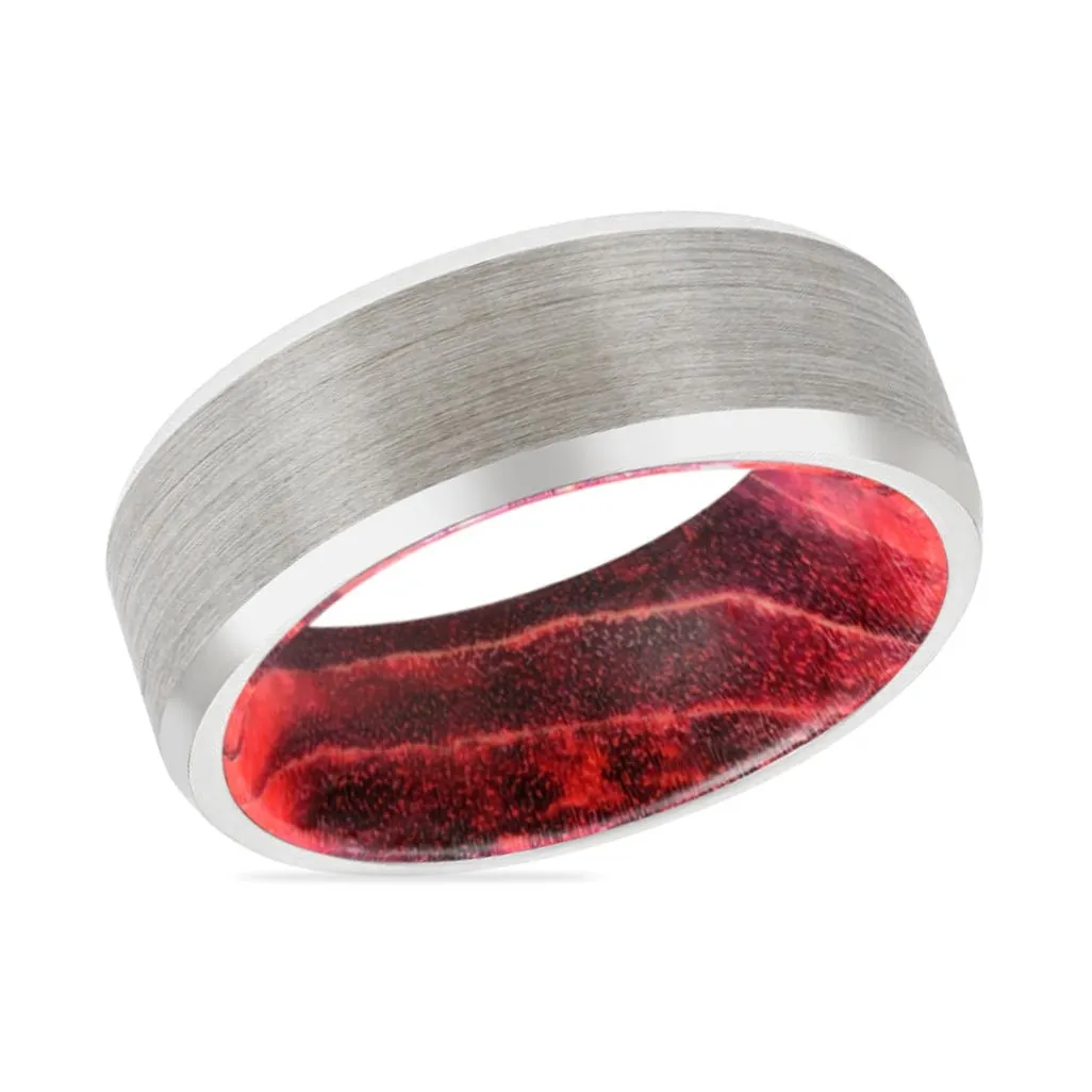 WILLOW | Black & Red Wood, Silver Tungsten Ring, Brushed, Beveled