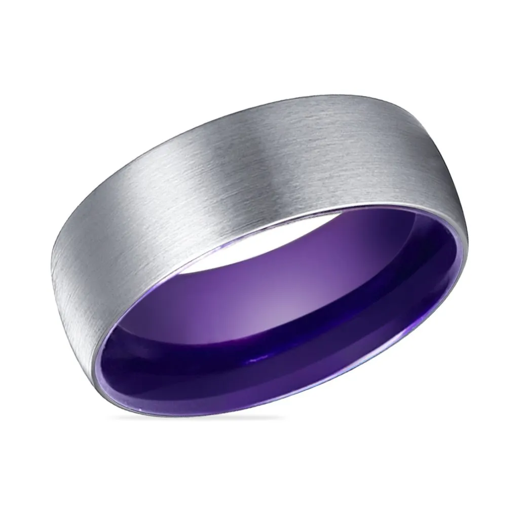 WISTERIA | Purple Ring, Silver Tungsten Ring, Brushed, Domed