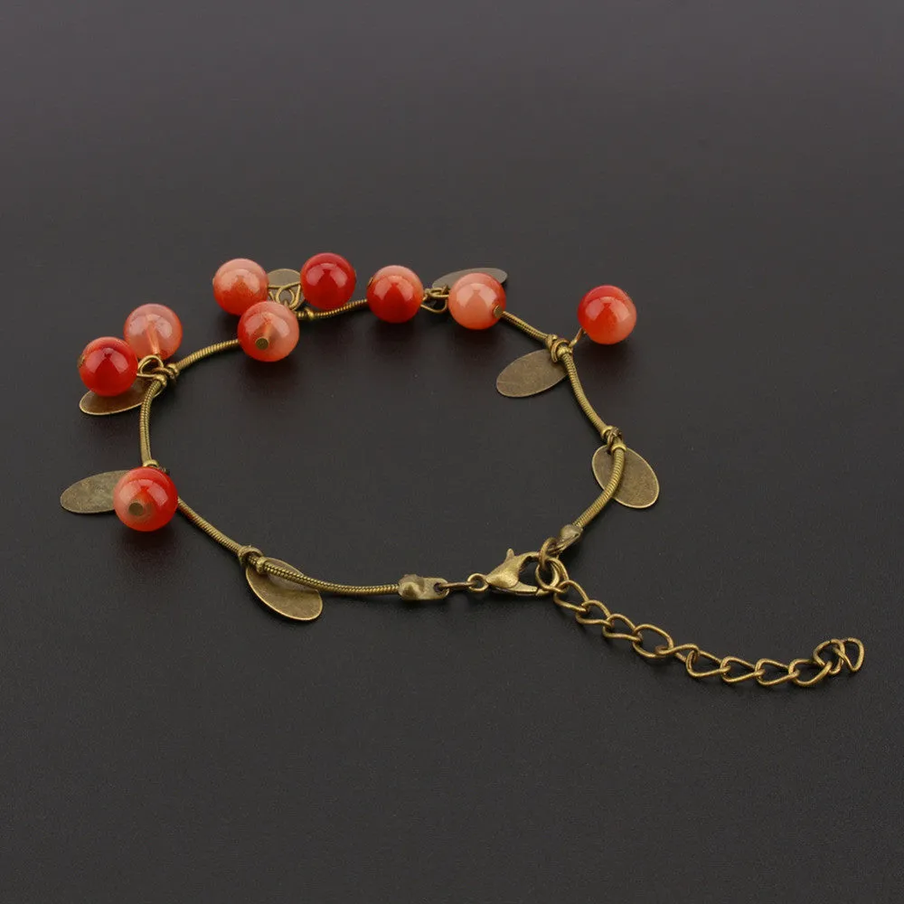 Womens Sweet Jewelry Vintage Retro Red Cherry Beaded Leaf Charm Bangle Bracelet