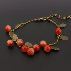 Womens Sweet Jewelry Vintage Retro Red Cherry Beaded Leaf Charm Bangle Bracelet