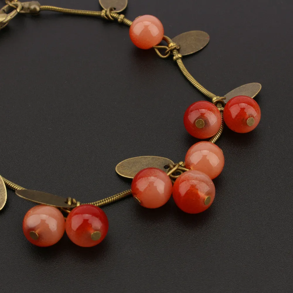 Womens Sweet Jewelry Vintage Retro Red Cherry Beaded Leaf Charm Bangle Bracelet